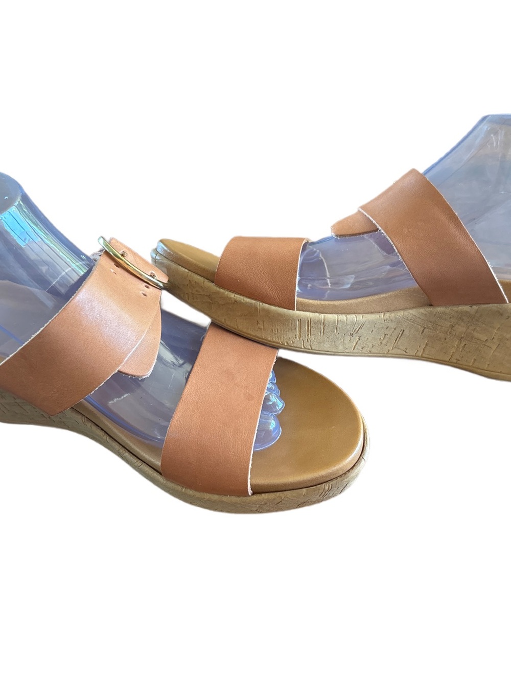 Mariella Women’s Tan Double-Strap Slide Sandals with Gold Buckle Accent - Picture 2 of 4